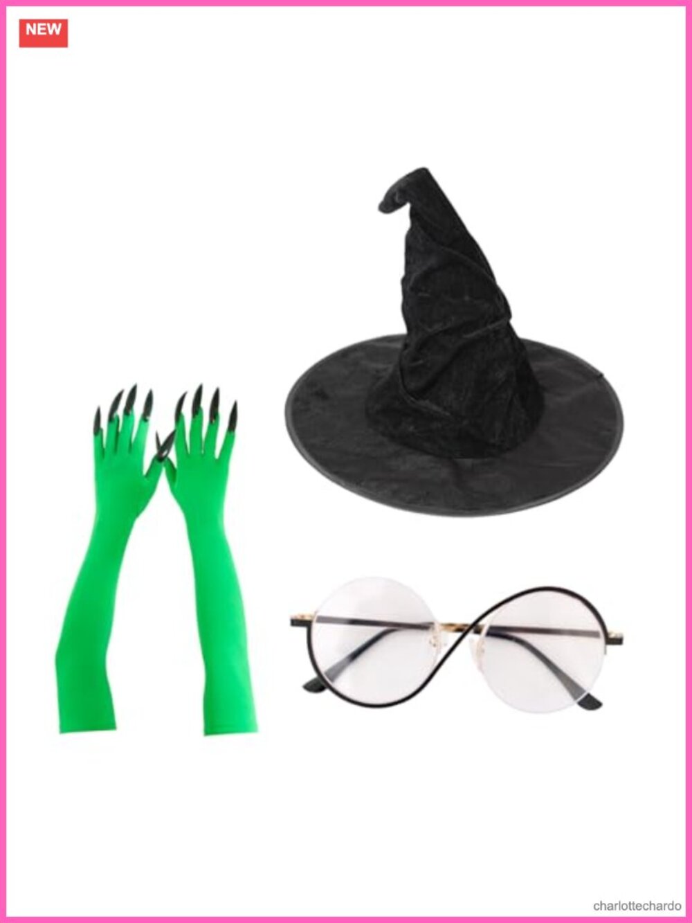 4PCS Witch Costume Accessory Set Hat Gloves Round Glasses Halloween Cosplay